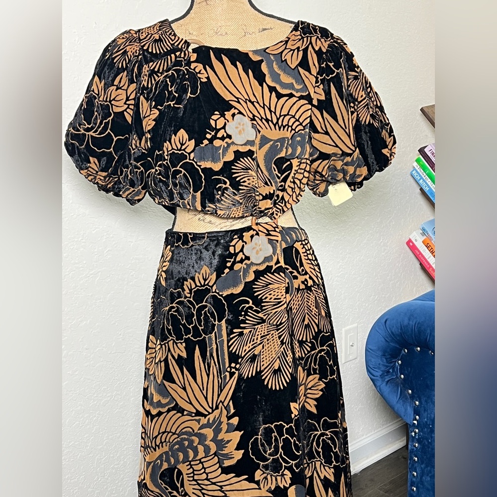 Black and Tan Floral Velvet Two-Piece Set